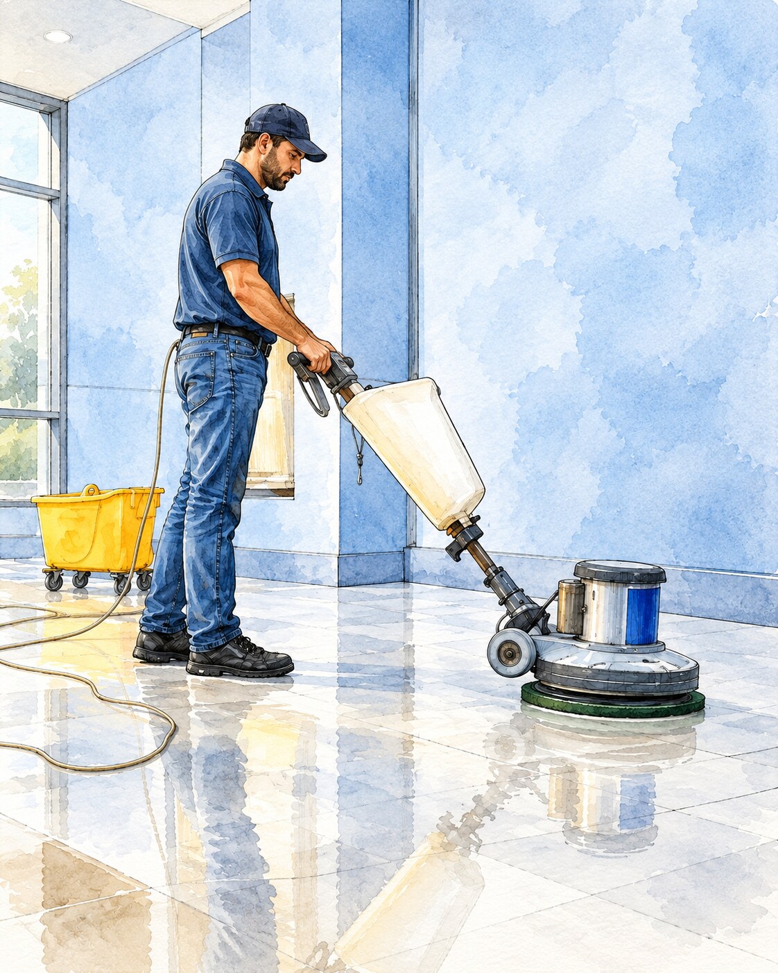Watercolor illustration of a commercial floor cleaner polishing a newly completed floor