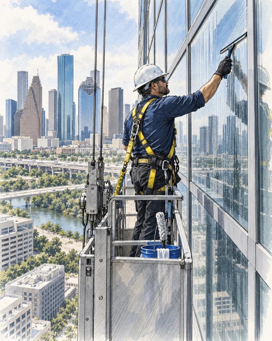 Illustration of a professional commercial window cleaner working on exterior glass at a Houston high-rise
